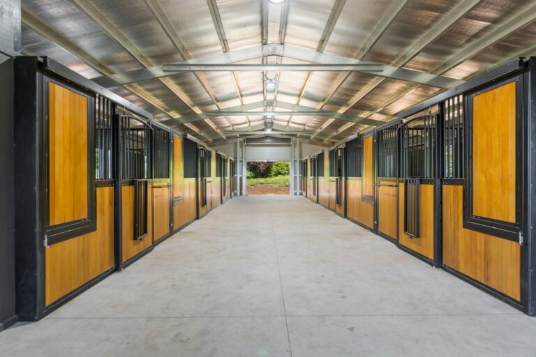 Horse stables with hardwood infill and powder coated frame in black